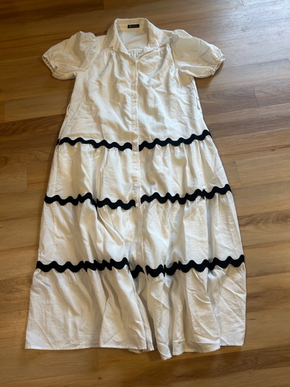 White Button-Front Dress with Black Trim